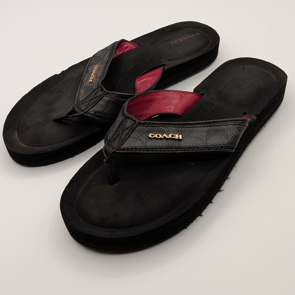 Coach 9B $95 Judy Black Leather Platform Thong Flip Flop Sandals Red Lining